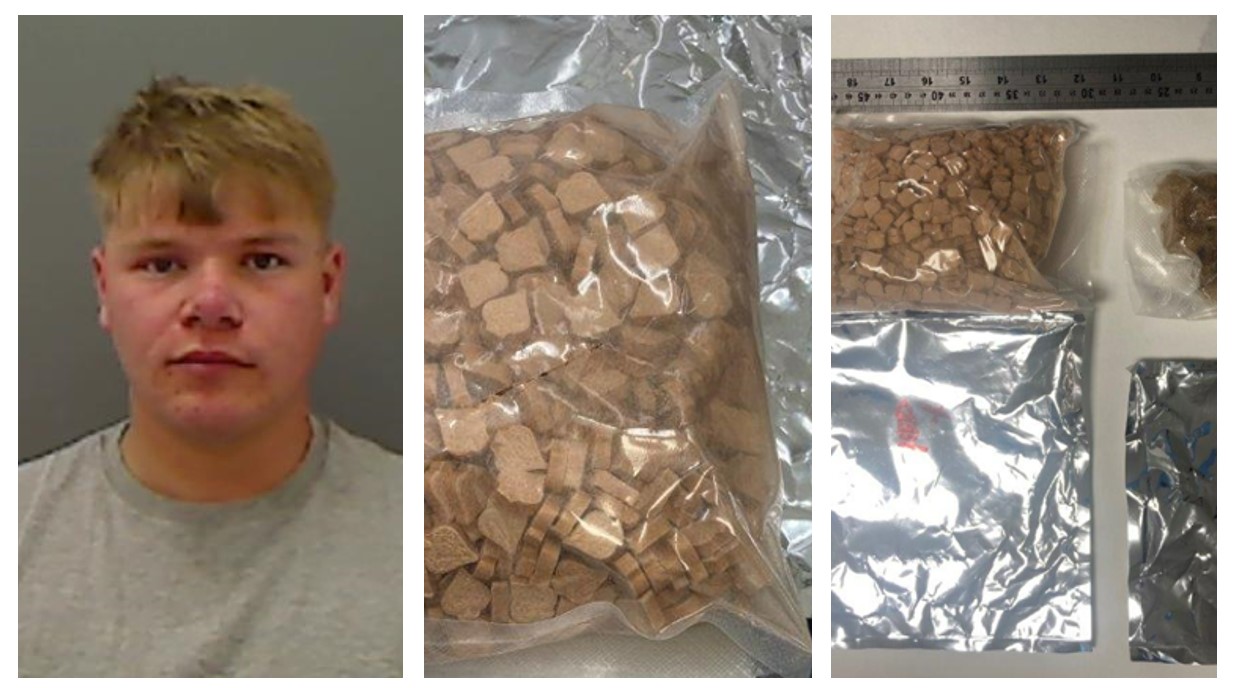 Mason's mugshot and photos of the ecstasy tablets