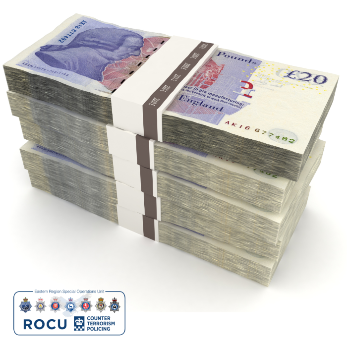 Stack of bundles of £20 notes
