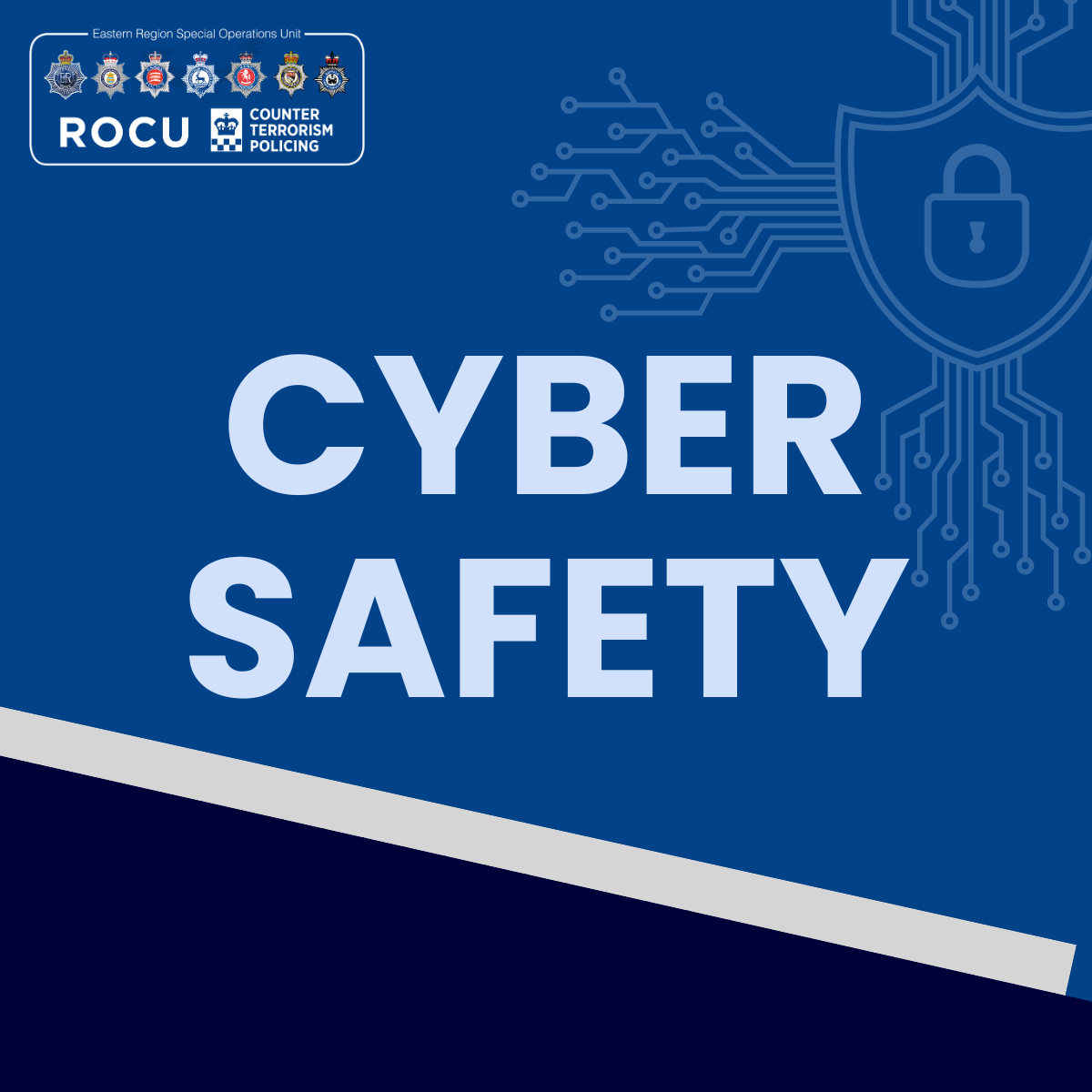 Blue backdrop with the words cyber safety in capital letters