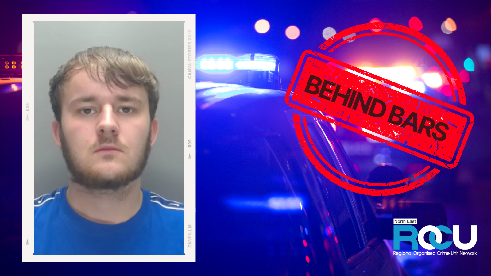 Mugshot of Sayers on a graphic with a photo of a police siren and a red stamp that reads 'behind bars'