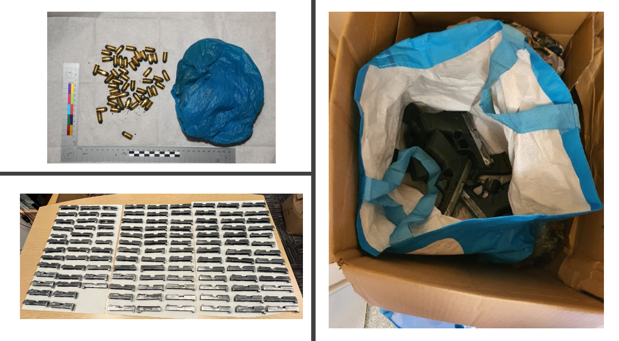 Ammo clips and a bag of handguns