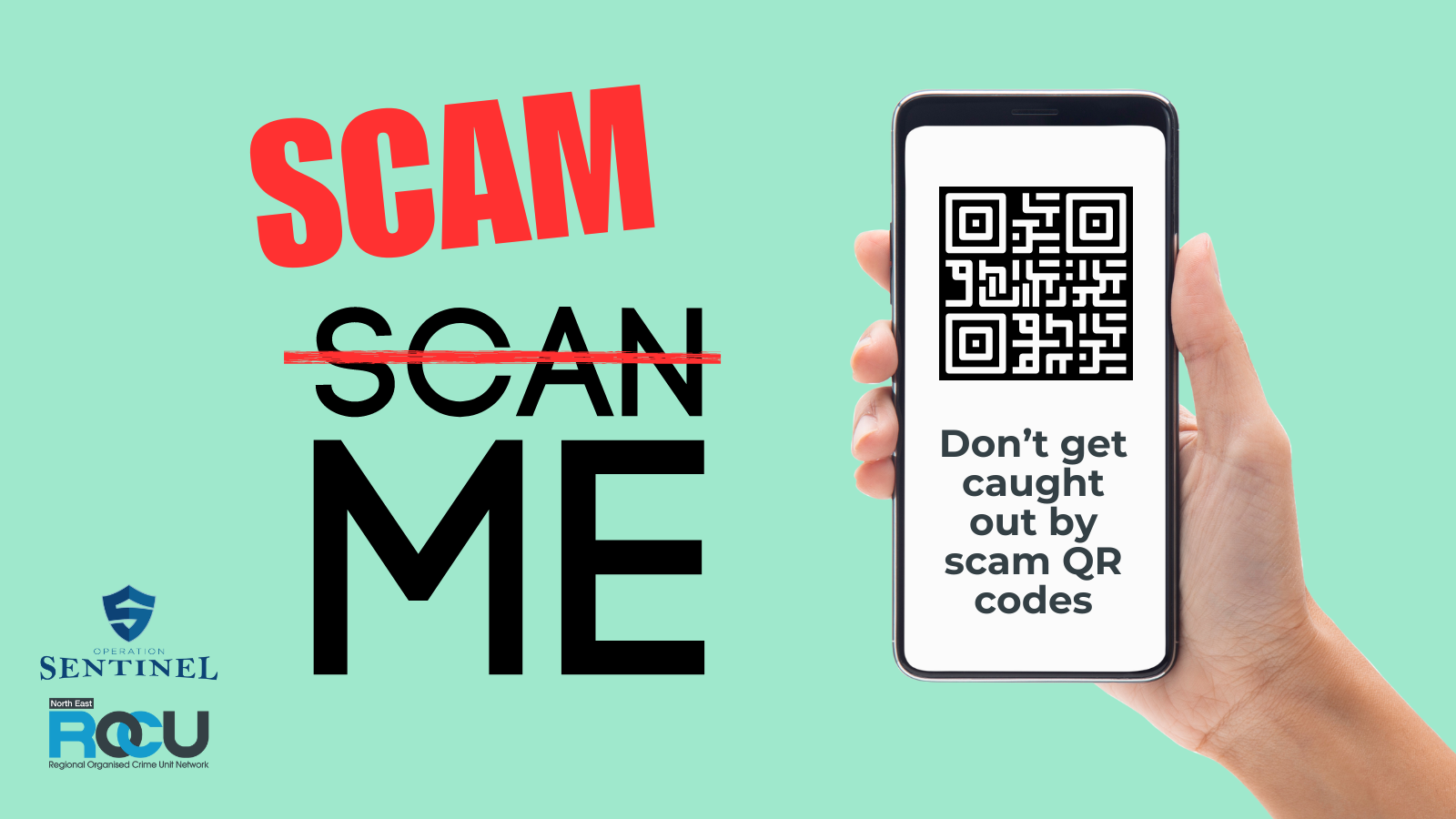 Graphic with QR code and the words 'Scam me'