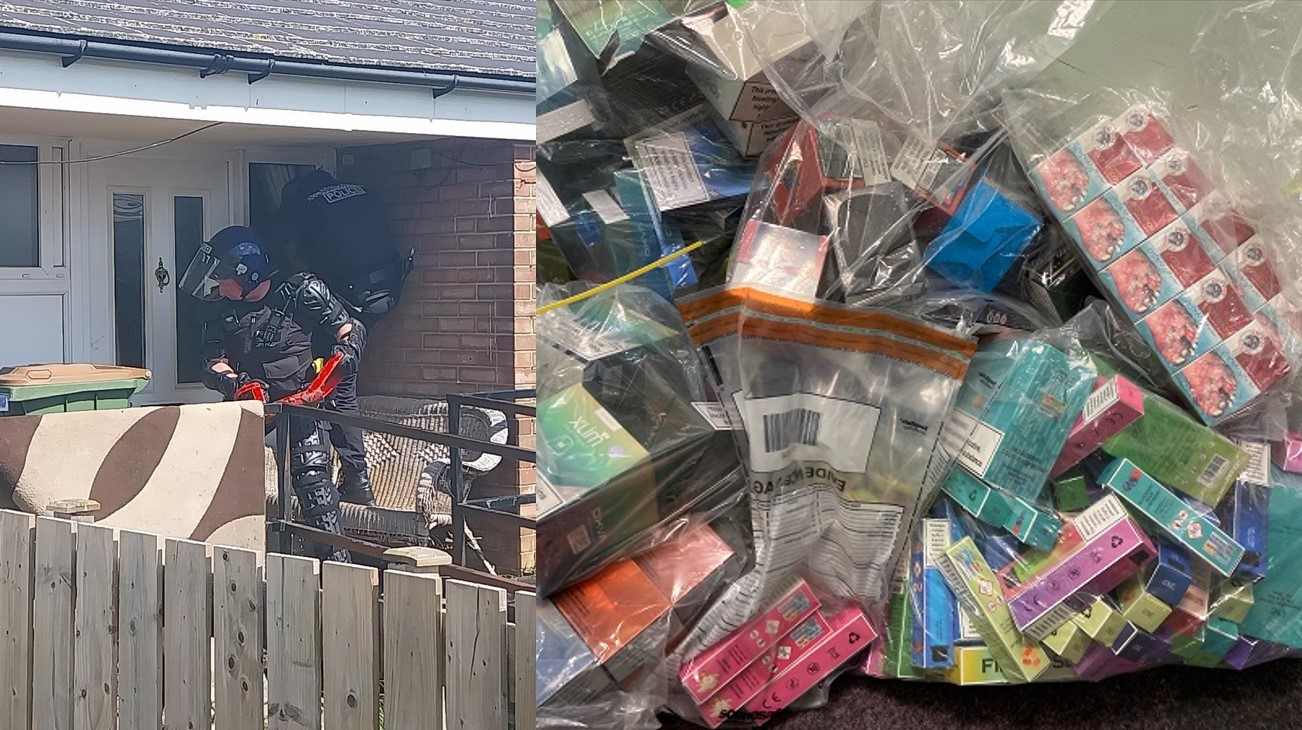 Two officers putting in a door and an image of seized vapes