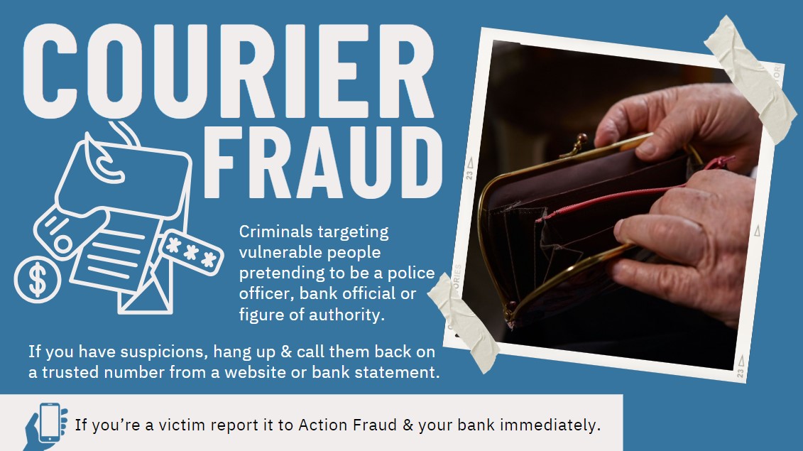 Graphic describing what courier fraud is and an image of an elderly person looking in their purse