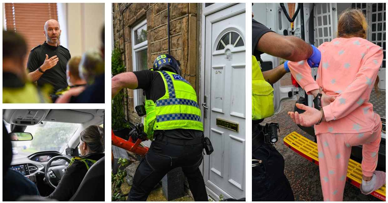 Collage of Op impact operation including someone being arrested, an officer putting a door in and officers driving and being briefed